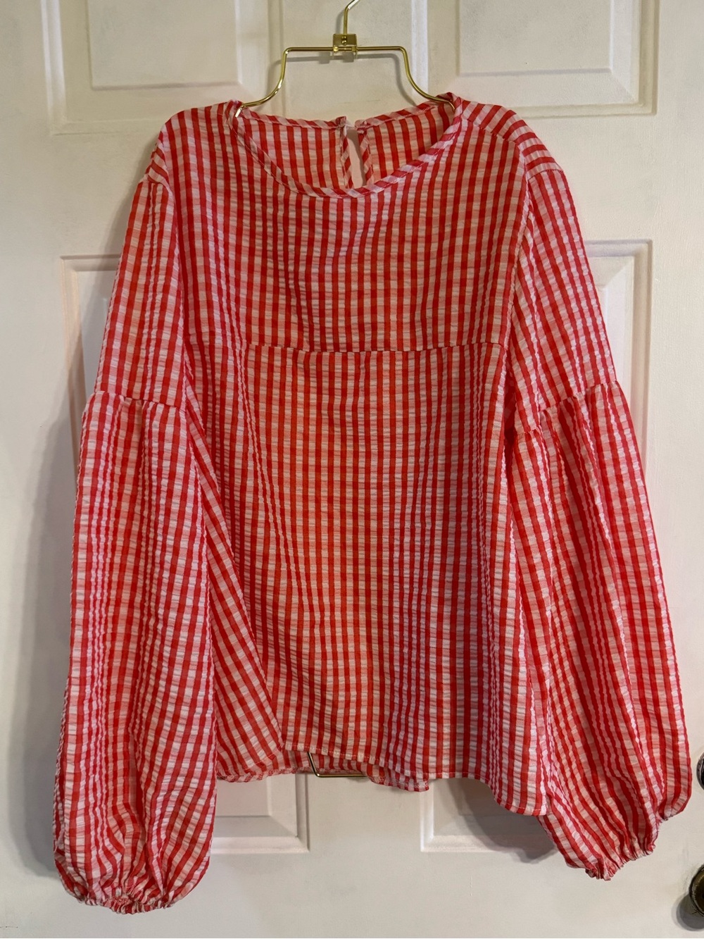 Red White Gingham Peplum Blouse XXL Balloon Sleeve Cottagecore Top